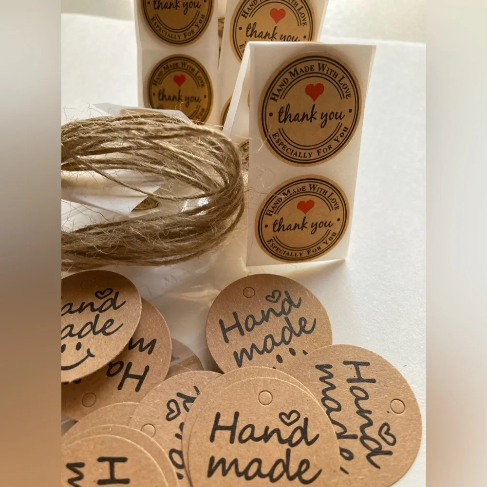 Set of 12 “Hand Made” Hang Tags With Twine and 36 “Hand Made Thank You” Stickers